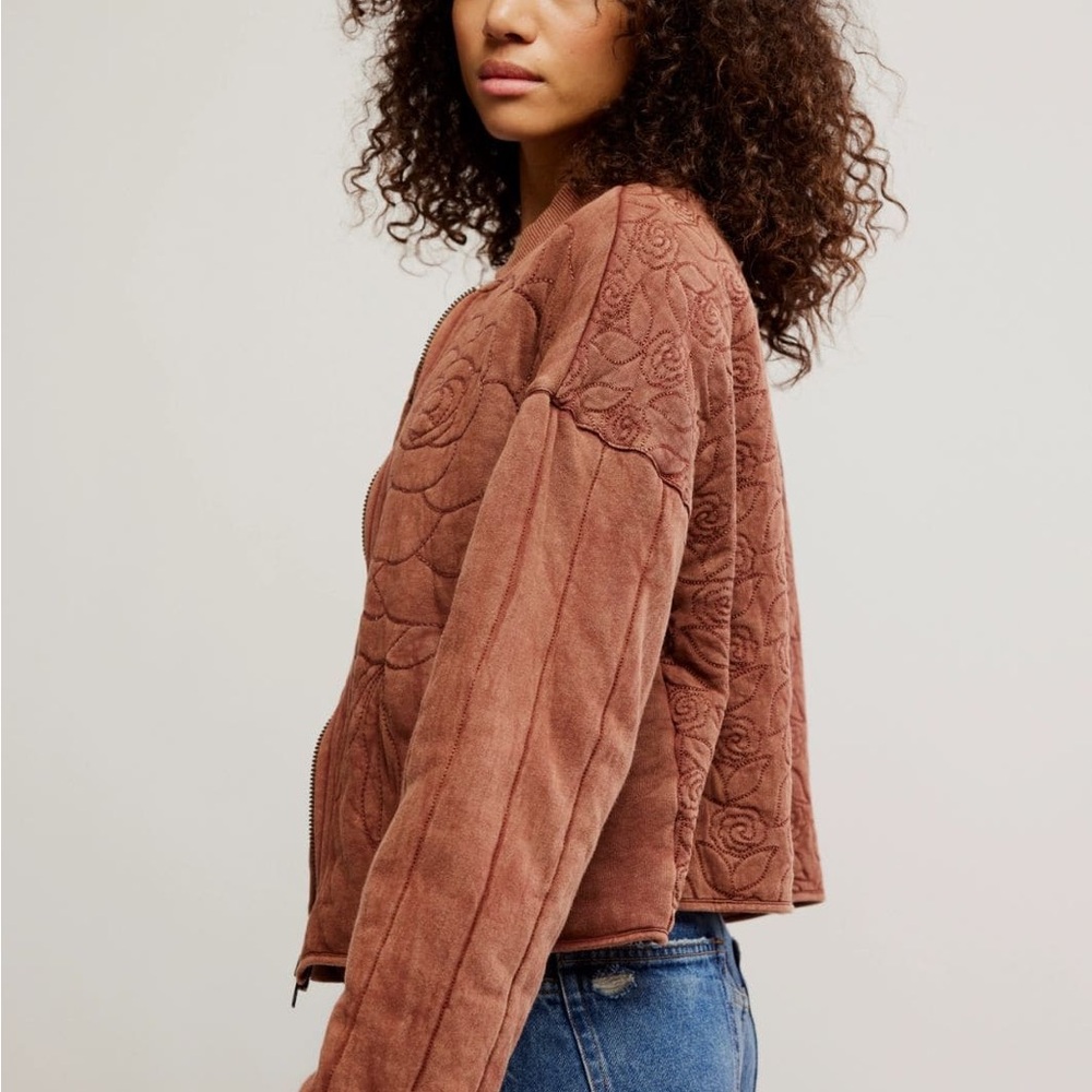 $385 FREE PEOPLE Rose Brown Quilted Sweatshirt Cinammon Bomber Jacket S - Picture 10 of 11